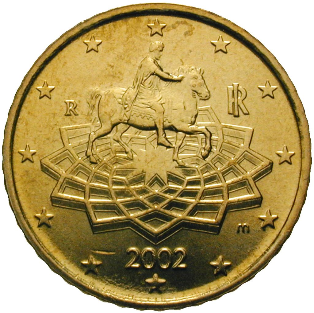 50-Cent-Münze Italien mit der Reiterstatue Marc Aurels, 2002 © Stadtmuseum Simeonstift Trier